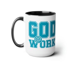 Accent Ceramic Coffee Mug 15oz - God @ Work Blue Green And White Print