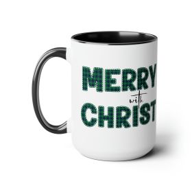 Accent Ceramic Coffee Mug 15oz - Merry With Christ, Green Plaid Christmas Holiday Pattern Print