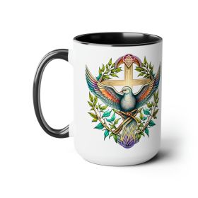 Accent Ceramic Coffee Mug 15oz - Blue Green Multicolor Dove Floral Illustration