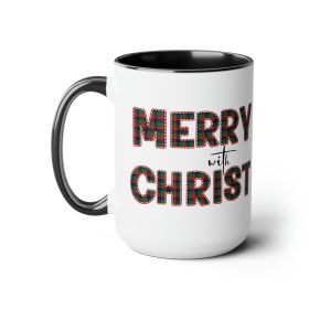 Accent Ceramic Coffee Mug 15oz - Merry With Christ, Red And Green Plaid Christmas Holiday Pattern Print