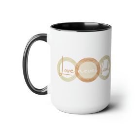 Accent Ceramic Coffee Mug 15oz - Love Never Fails, Pastel Brown Beige Green Tri Circular Shapes