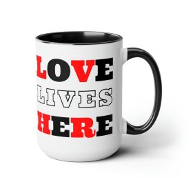 Accent Ceramic Coffee Mug 15oz - Love Lives Here Christian Red Black Illustration