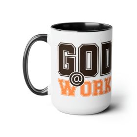 Accent Ceramic Coffee Mug 15oz - God @ Work Brown And Orange Print