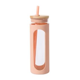 Glass Water Tumble Straw Silicone Bamboo Lids Iced Coffee Cup Bottle Reusable (Color: Flesh colored, Capacity: 590ML)