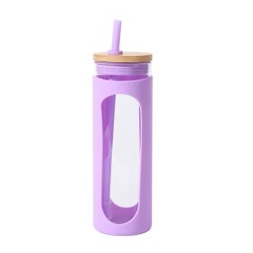 Glass Water Tumble Straw Silicone Bamboo Lids Iced Coffee Cup Bottle Reusable (Color: Purple, Capacity: 590ML)